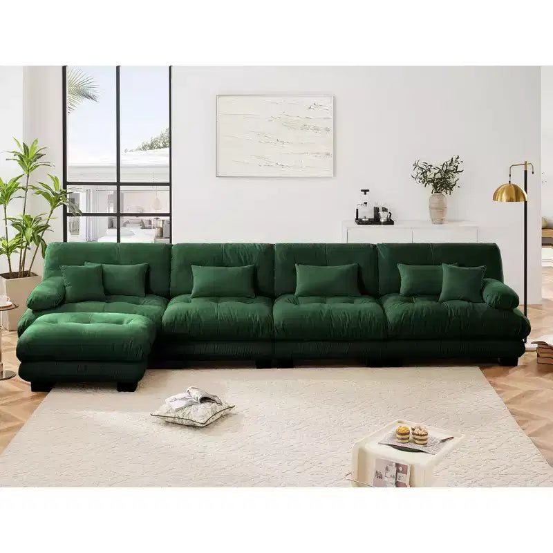 Divano a L a 4 posti per soggiorno, comodo divano Cloud con pouf convertibile, in ciniglia, colore caffè chiaro