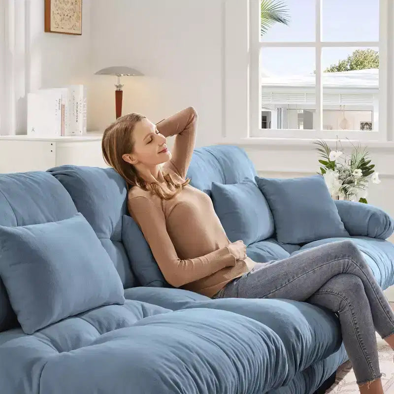 Divano a L a 4 posti per soggiorno, comodo divano Cloud con pouf convertibile, in ciniglia, colore caffè chiaro