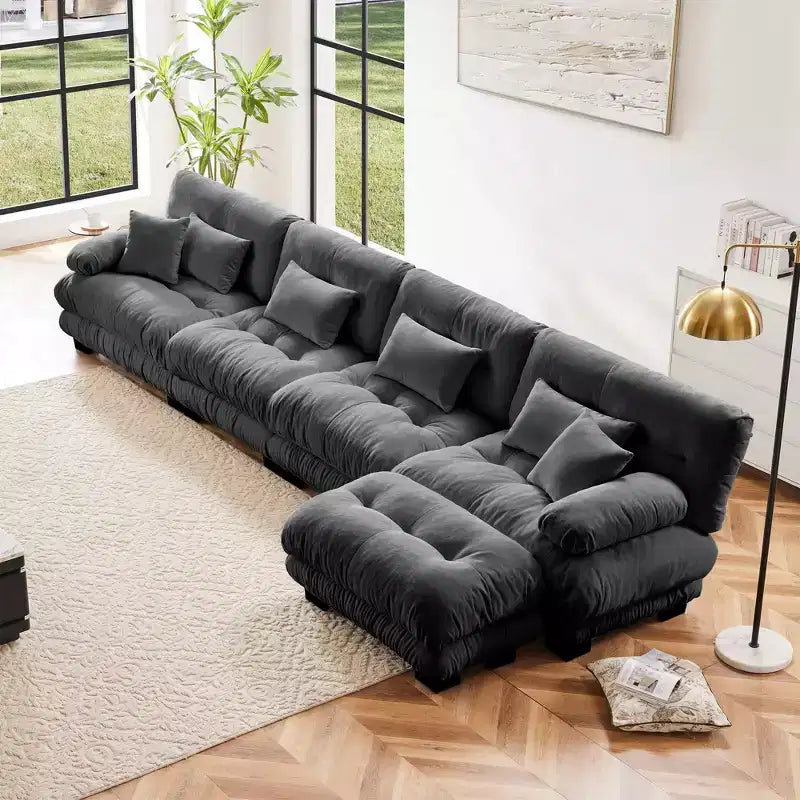 Divano a L a 4 posti per soggiorno, comodo divano Cloud con pouf convertibile, in ciniglia, colore caffè chiaro