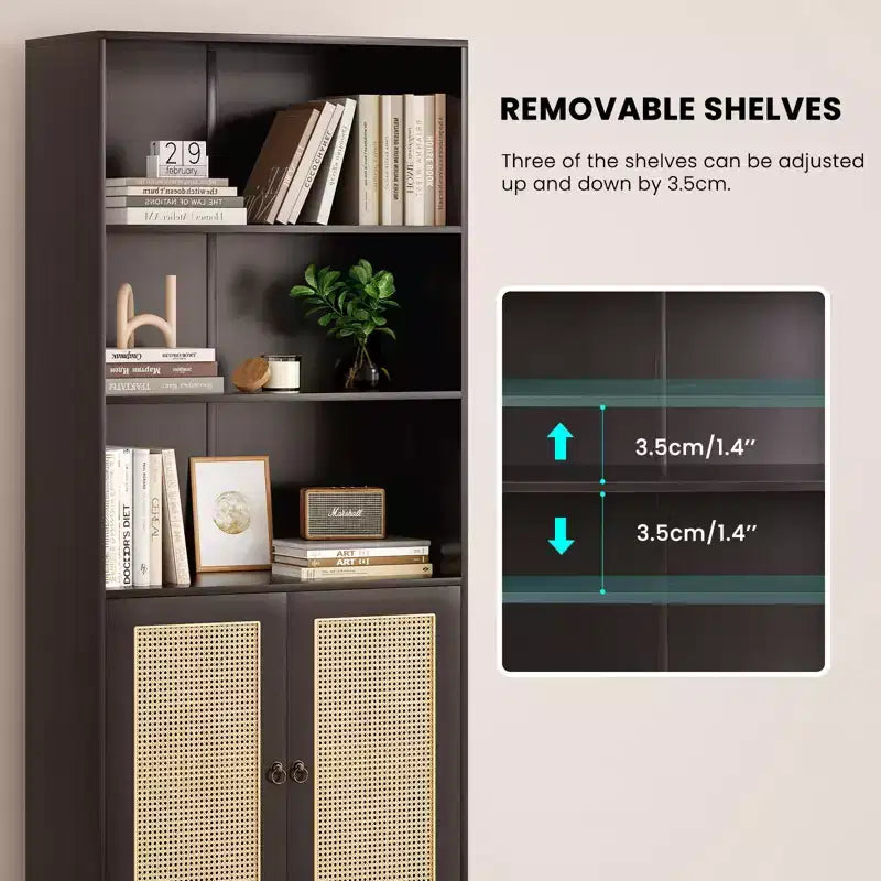 Libreria a 5 ripiani con ante in rattan, libreria alta bianca con ripiani espositivi per ufficio domestico e camera da letto