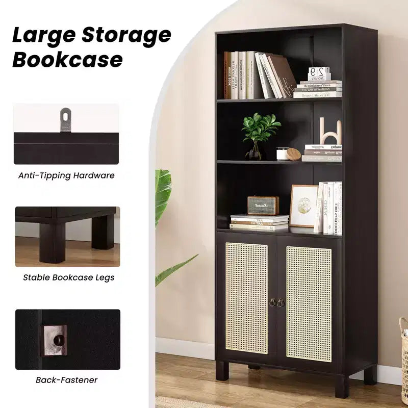 Libreria a 5 ripiani con ante in rattan, libreria alta bianca con ripiani espositivi per ufficio domestico e camera da letto