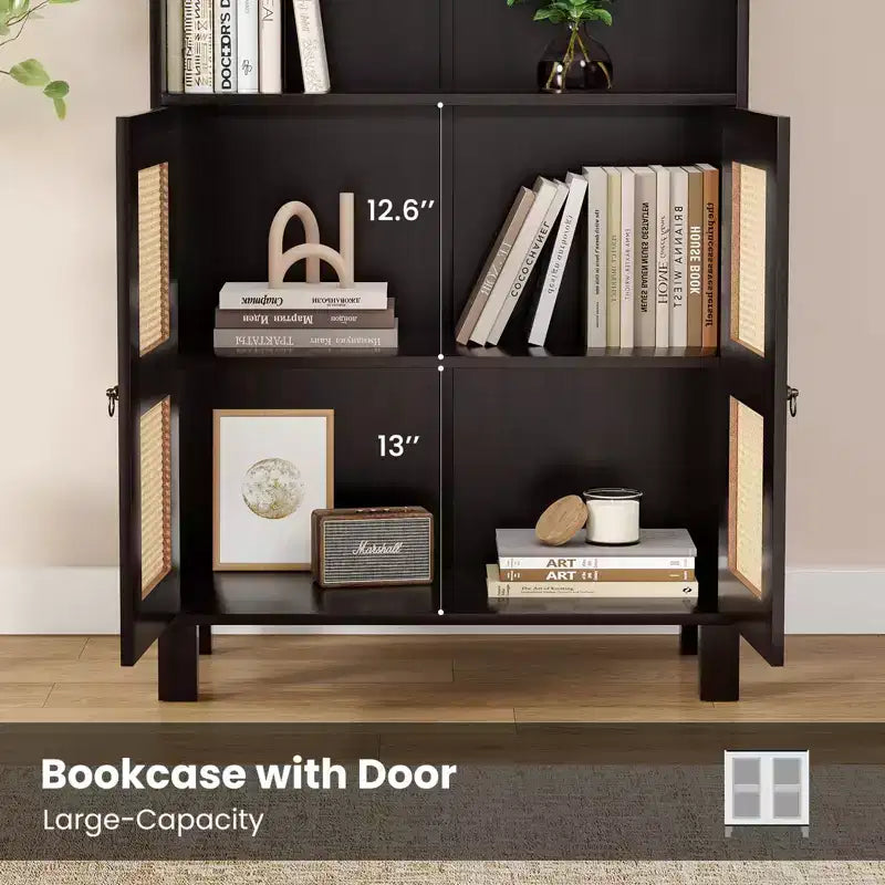Libreria a 5 ripiani con ante in rattan, libreria alta bianca con ripiani espositivi per ufficio domestico e camera da letto