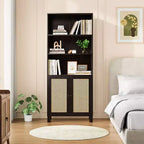 Libreria a 5 ripiani con ante in rattan, libreria alta bianca con ripiani espositivi per ufficio domestico e camera da letto