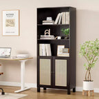 Libreria a 5 ripiani con ante in rattan, libreria alta bianca con ripiani espositivi per ufficio domestico e camera da letto