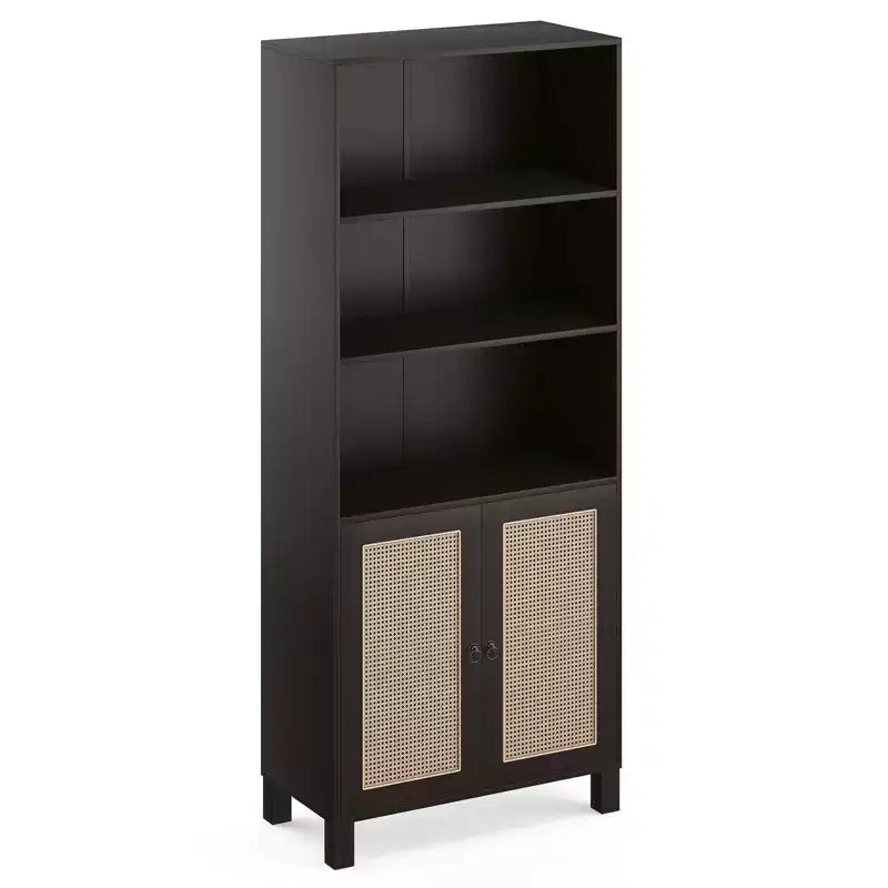 Libreria a 5 ripiani con ante in rattan, libreria alta bianca con ripiani espositivi per ufficio domestico e camera da letto