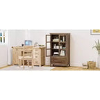 VINGLI Rustic Storage Cabinet with Glass Doors & Drawer, Solid Wood Leg, Walnut Finish Showcase