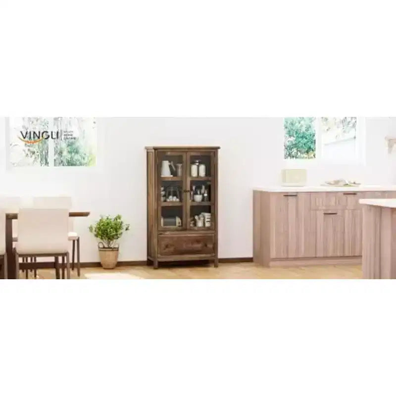 Mobile Contenitore Rustico con Ante in Vetro e Cassetto, Gambe in Legno Massello, Finitura Noce