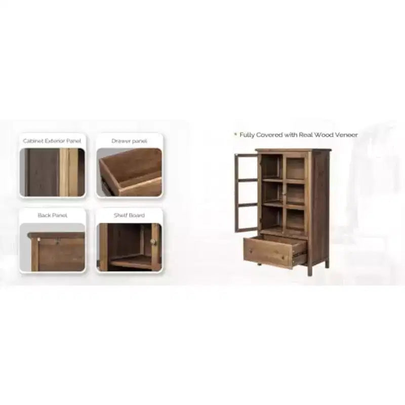 Mobile Contenitore Rustico con Ante in Vetro e Cassetto, Gambe in Legno Massello, Finitura Noce