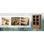 Mobile Contenitore Rustico con Ante in Vetro e Cassetto, Gambe in Legno Massello, Finitura Noce