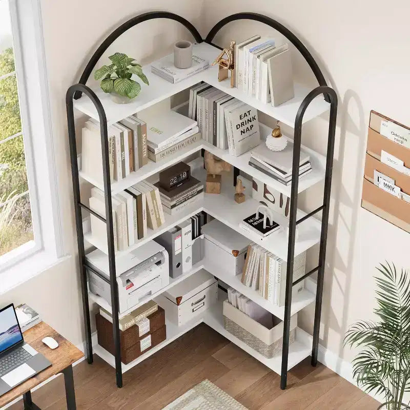 Libreria angolare a L industriale, scaffale espositivo ad arco a 5 ripiani con struttura in metallo