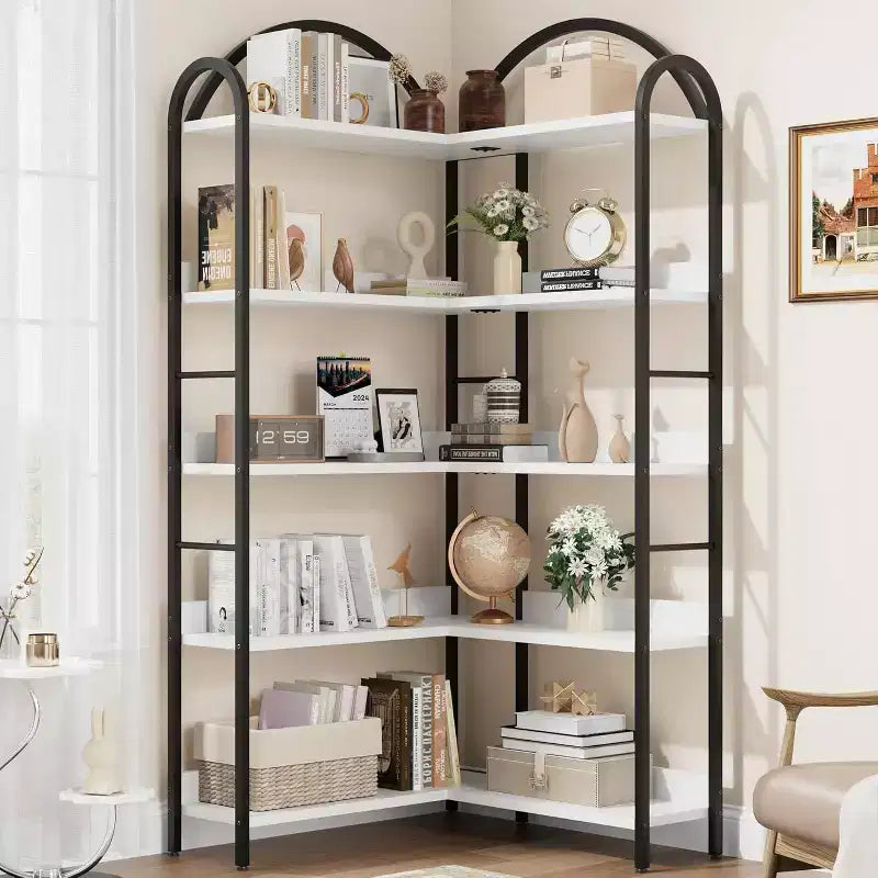 Libreria angolare a L industriale, scaffale espositivo ad arco a 5 ripiani con struttura in metallo