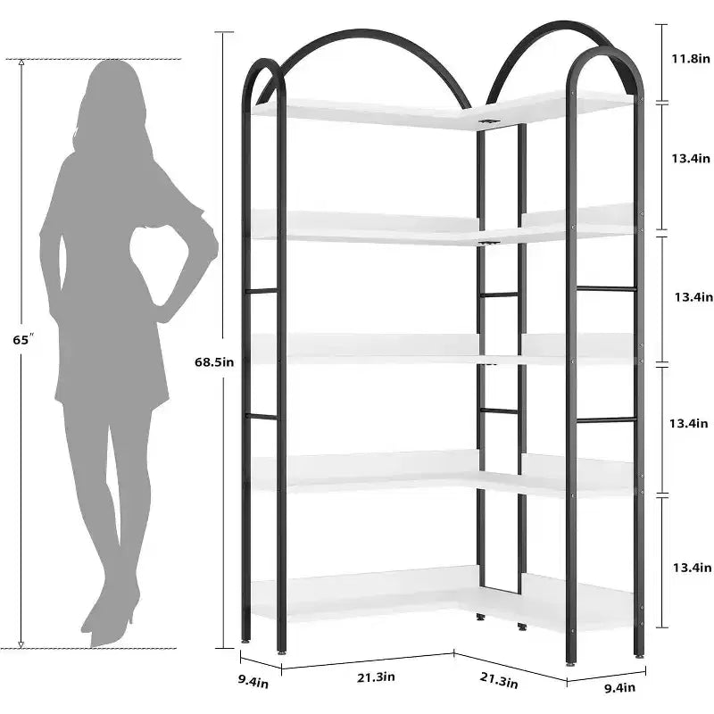 Libreria angolare a L industriale, scaffale espositivo ad arco a 5 ripiani con struttura in metallo