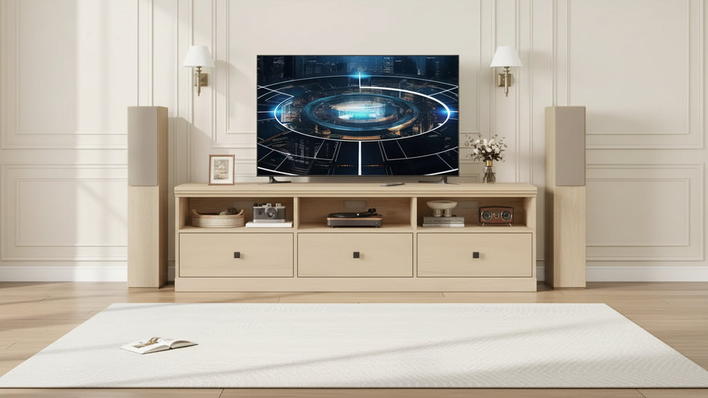 Mobile TV rustico da 70 pollici, Centro multimediale con cassetto portaoggetti e ripiani aperti per TV fino a 75 pollici