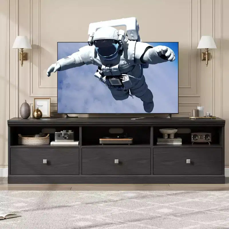 Mobile TV rustico da 70 pollici, Centro multimediale con cassetto portaoggetti e ripiani aperti per TV fino a 75 pollici