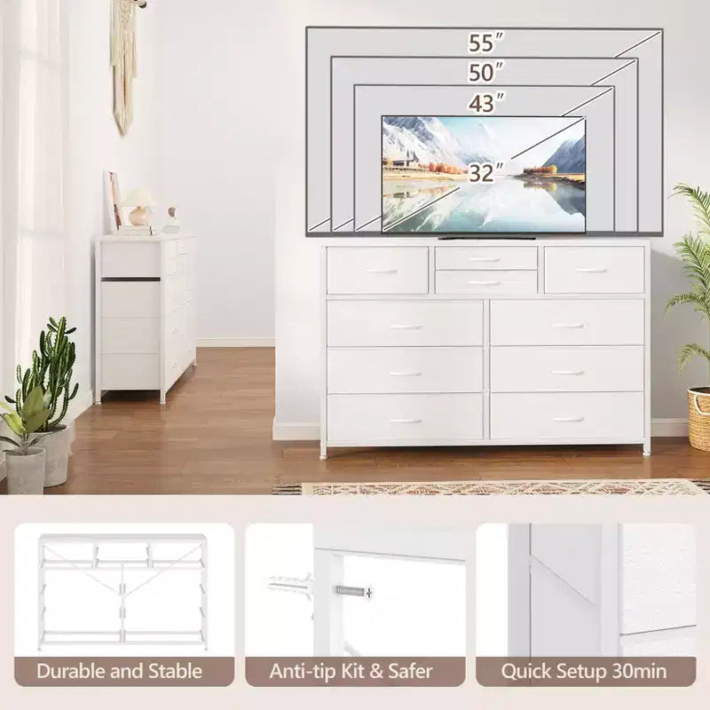 Mobile porta TV per televisori da 55 pollici, Centro d'intrattenimento con 10 cassetti per Soggiorno, Armadio, Ingresso, Corridoio