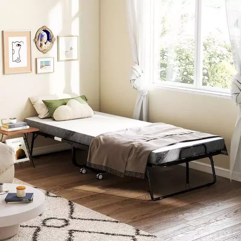 Letto Pieghevole con Materasso, Letto Pieghevole Portatile per Ospiti con Robusto Telaio in Metallo e Ruote, Bianco