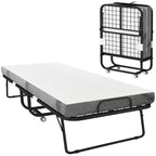 Letto Pieghevole con Materasso, Letto Pieghevole Portatile per Ospiti con Robusto Telaio in Metallo e Ruote, Bianco