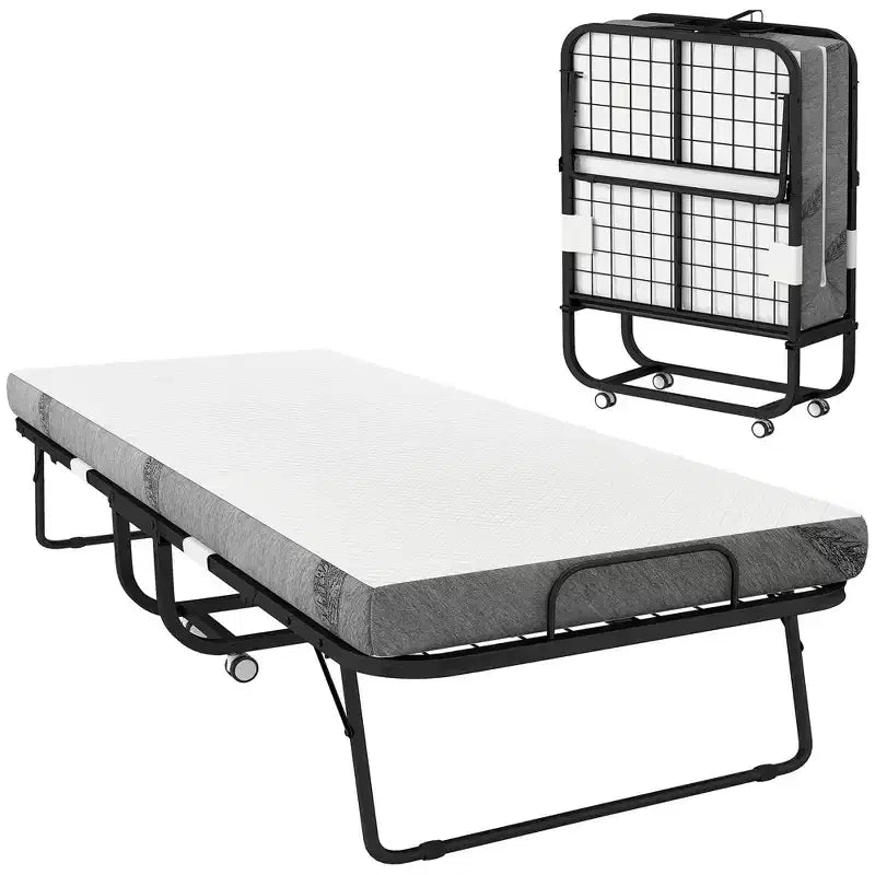 Letto Pieghevole con Materasso, Letto Pieghevole Portatile per Ospiti con Robusto Telaio in Metallo e Ruote, Bianco