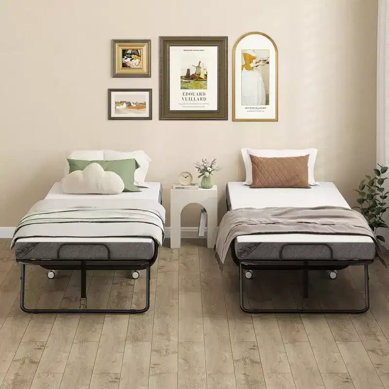 Letto Pieghevole con Materasso, Letto Pieghevole Portatile per Ospiti con Robusto Telaio in Metallo e Ruote, Bianco