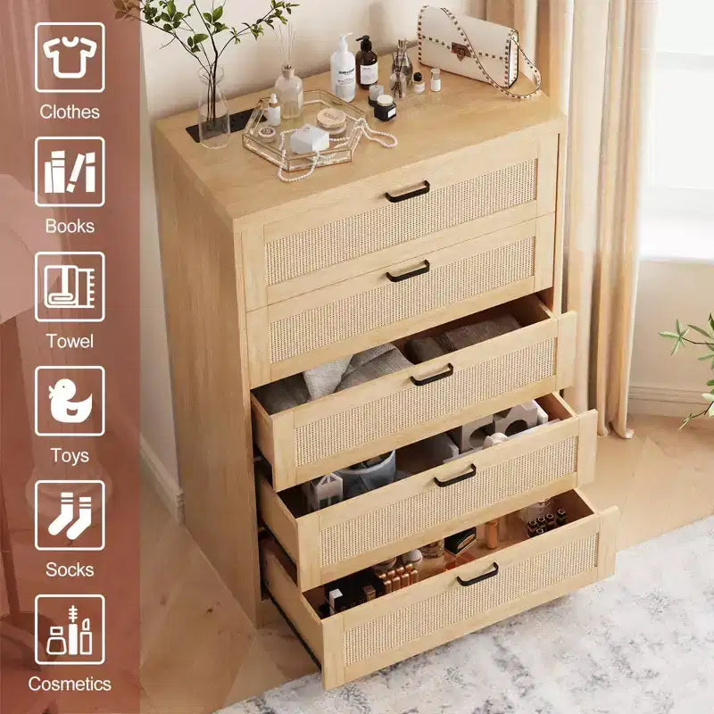 Comò alto in Rattan con 5 cassetti, Cassettiera in legno spaziosa con piano largo, Comò moderno