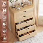 Comò alto in Rattan con 5 cassetti, Cassettiera in legno spaziosa con piano largo, Comò moderno