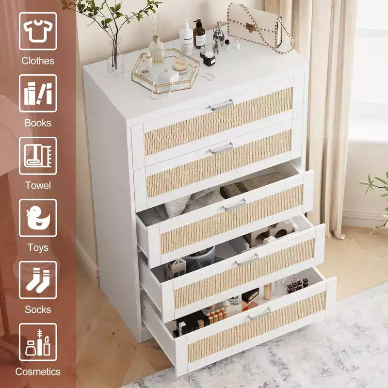 Comò alto in Rattan con 5 cassetti, Cassettiera in legno spaziosa con piano largo, Comò moderno