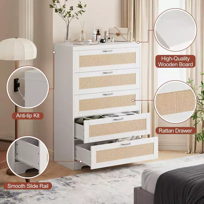 Comò alto in Rattan con 5 cassetti, Cassettiera in legno spaziosa con piano largo, Comò moderno