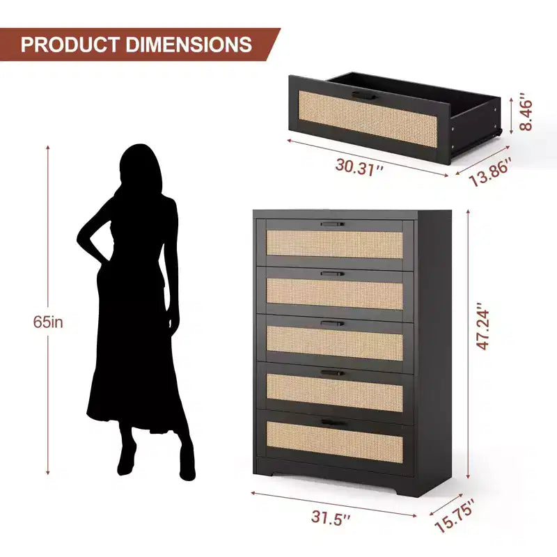 Comò alto in Rattan con 5 cassetti, Cassettiera in legno spaziosa con piano largo, Comò moderno