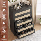 Comò alto in Rattan con 5 cassetti, Cassettiera in legno spaziosa con piano largo, Comò moderno