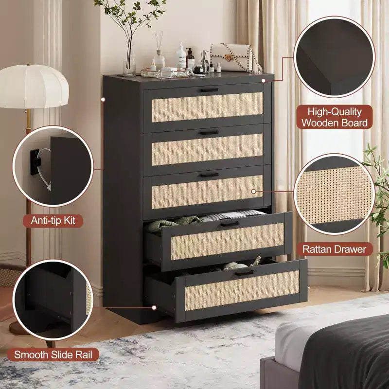Comò alto in Rattan con 5 cassetti, Cassettiera in legno spaziosa con piano largo, Comò moderno