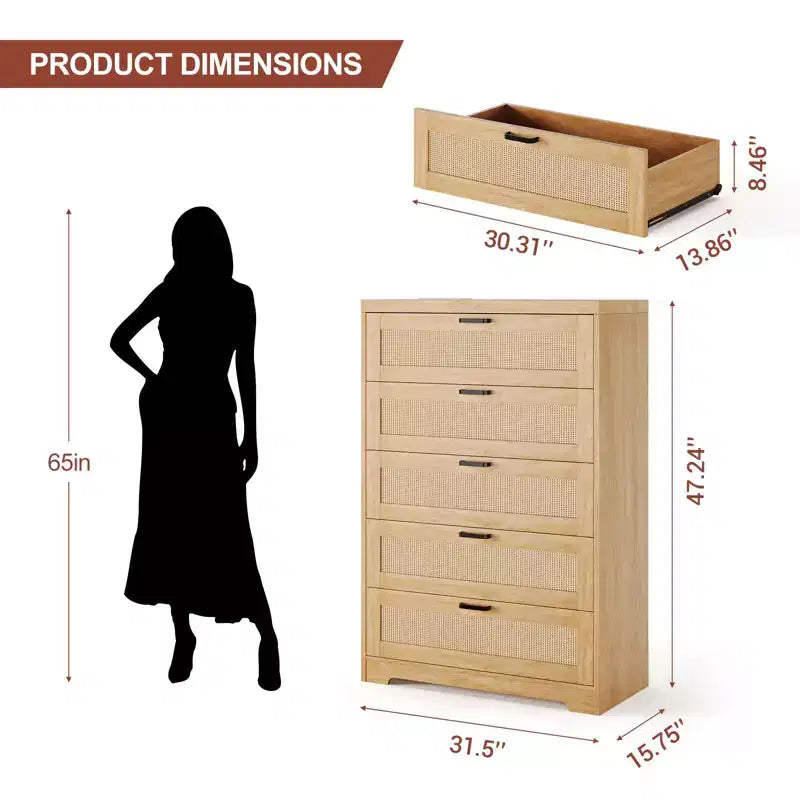 Comò alto in Rattan con 5 cassetti, Cassettiera in legno spaziosa con piano largo, Comò moderno