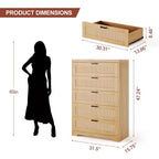 Comò alto in Rattan con 5 cassetti, Cassettiera in legno spaziosa con piano largo, Comò moderno