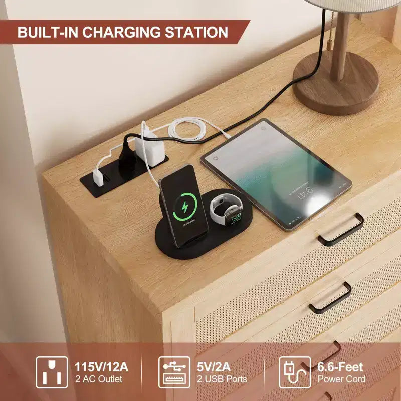 Comò alto in Rattan con 5 cassetti, Cassettiera in legno spaziosa con piano largo, Comò moderno