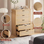 Comò alto in Rattan con 5 cassetti, Cassettiera in legno spaziosa con piano largo, Comò moderno