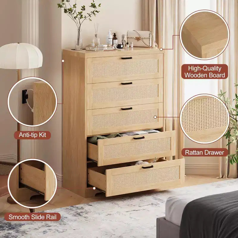 Comò alto in Rattan con 5 cassetti, Cassettiera in legno spaziosa con piano largo, Comò moderno