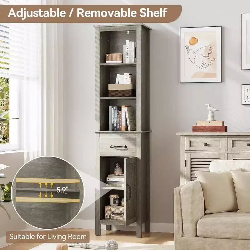 Mobiletto salvaspazio sottile per bagno con ripiani regolabili, libreria stretta in stile rustico per organizzare l'essenziale del bagno e del soggiorno, grigio