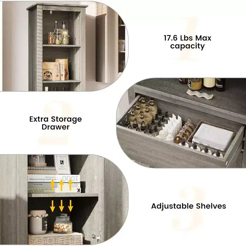 Mobiletto salvaspazio sottile per bagno con ripiani regolabili, libreria stretta in stile rustico per organizzare l'essenziale del bagno e del soggiorno, grigio