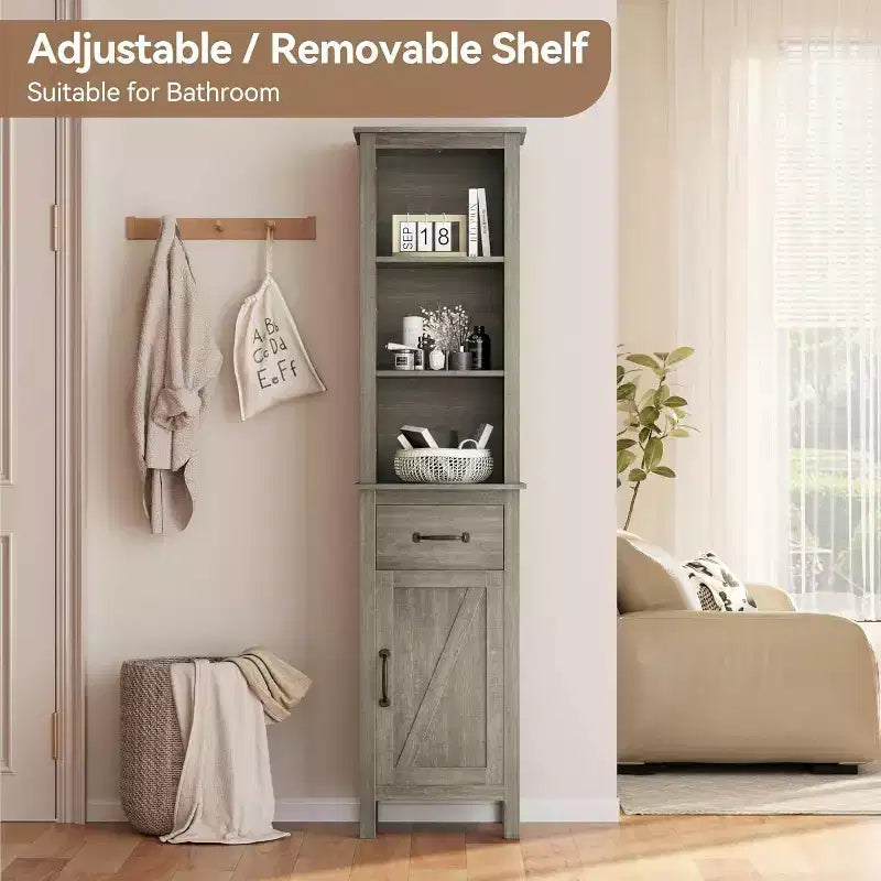 Mobiletto salvaspazio sottile per bagno con ripiani regolabili, libreria stretta in stile rustico per organizzare l'essenziale del bagno e del soggiorno, grigio