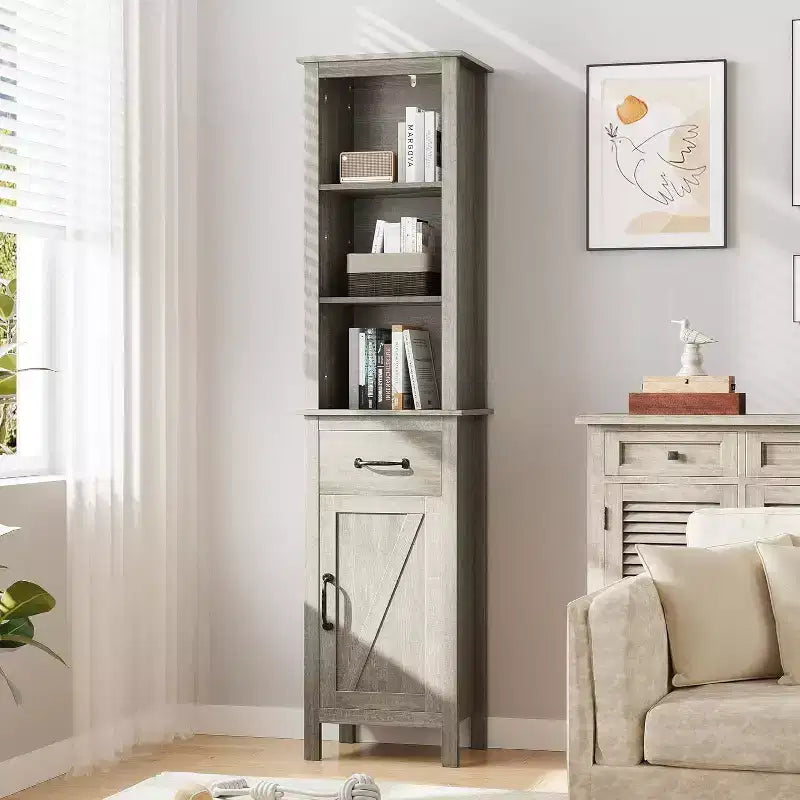 Mobiletto salvaspazio sottile per bagno con ripiani regolabili, libreria stretta in stile rustico per organizzare l'essenziale del bagno e del soggiorno, grigio