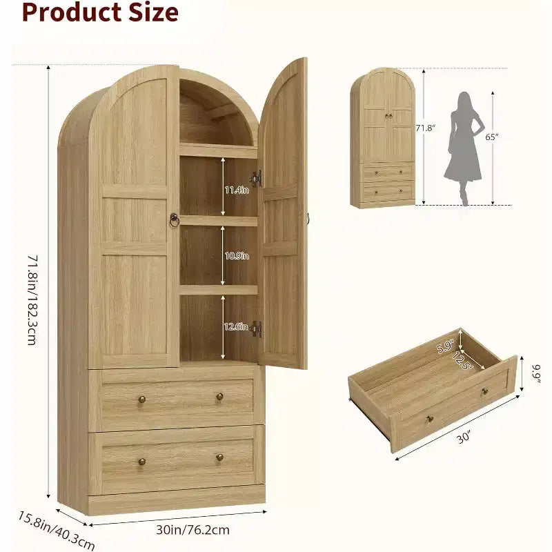Dispensa Moderna da Fattoria Alta 72 Pollici con Ante e Cassetti ad Arco, Grande Mobile Contenitore in Legno con Ripiani Spessorati, Ideale per la Cucina