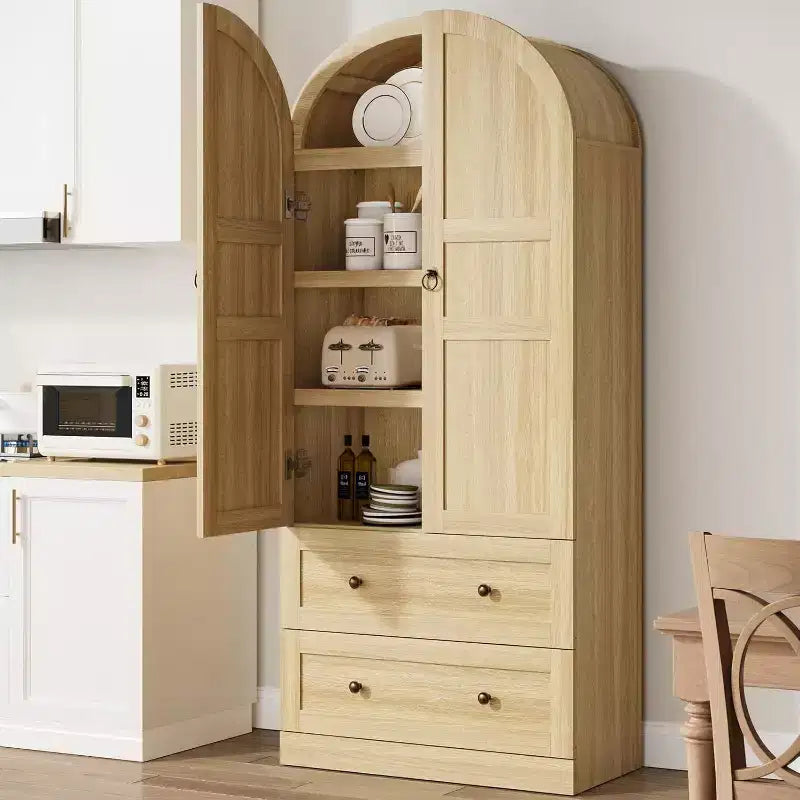 Dispensa Moderna da Fattoria Alta 72 Pollici con Ante e Cassetti ad Arco, Grande Mobile Contenitore in Legno con Ripiani Spessorati, Ideale per la Cucina
