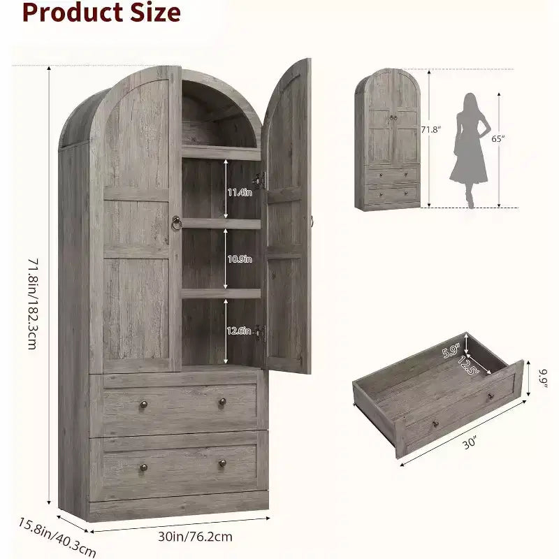 Dispensa Moderna da Fattoria Alta 72 Pollici con Ante e Cassetti ad Arco, Grande Mobile Contenitore in Legno con Ripiani Spessorati, Ideale per la Cucina