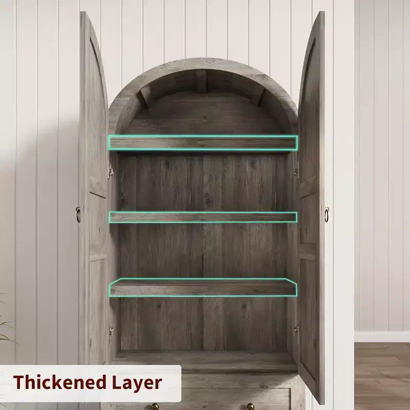 Dispensa Moderna da Fattoria Alta 72 Pollici con Ante e Cassetti ad Arco, Grande Mobile Contenitore in Legno con Ripiani Spessorati, Ideale per la Cucina