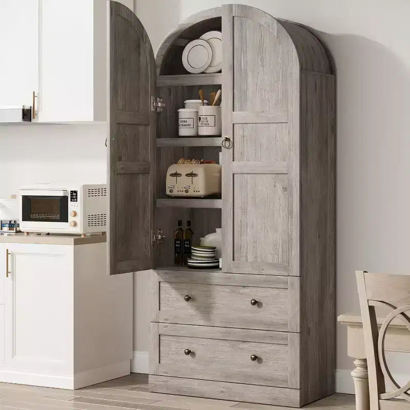 Dispensa Moderna da Fattoria Alta 72 Pollici con Ante e Cassetti ad Arco, Grande Mobile Contenitore in Legno con Ripiani Spessorati, Ideale per la Cucina