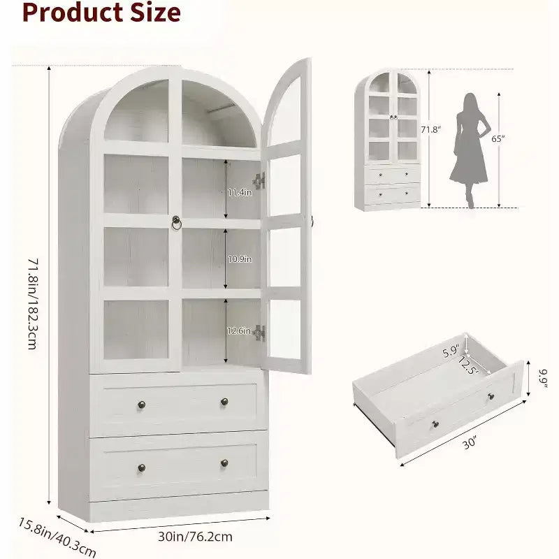 Dispensa Moderna da Fattoria Alta 72 Pollici con Ante e Cassetti ad Arco, Grande Mobile Contenitore in Legno con Ripiani Spessorati, Ideale per la Cucina