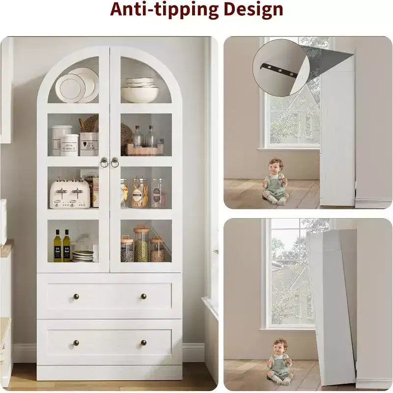 Dispensa Moderna da Fattoria Alta 72 Pollici con Ante e Cassetti ad Arco, Grande Mobile Contenitore in Legno con Ripiani Spessorati, Ideale per la Cucina