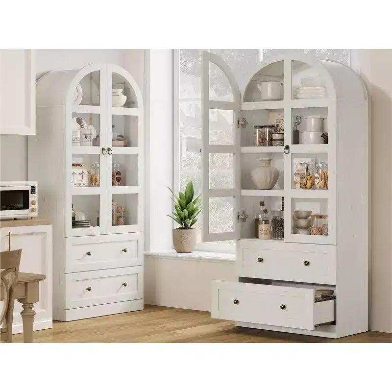 Dispensa Moderna da Fattoria Alta 72 Pollici con Ante e Cassetti ad Arco, Grande Mobile Contenitore in Legno con Ripiani Spessorati, Ideale per la Cucina