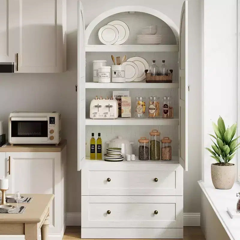 Dispensa Moderna da Fattoria Alta 72 Pollici con Ante e Cassetti ad Arco, Grande Mobile Contenitore in Legno con Ripiani Spessorati, Ideale per la Cucina
