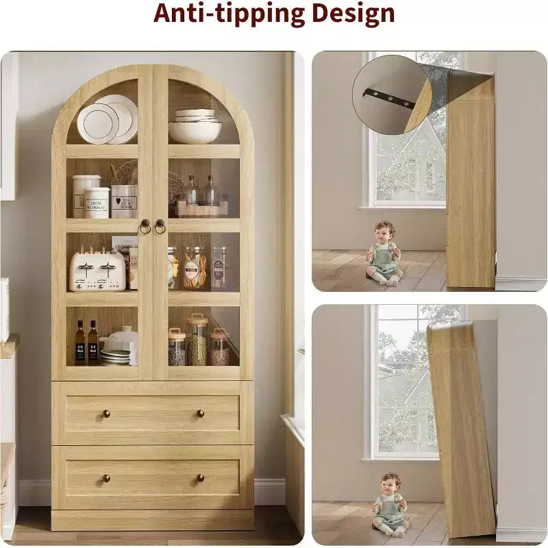 Dispensa Moderna da Fattoria Alta 72 Pollici con Ante e Cassetti ad Arco, Grande Mobile Contenitore in Legno con Ripiani Spessorati, Ideale per la Cucina