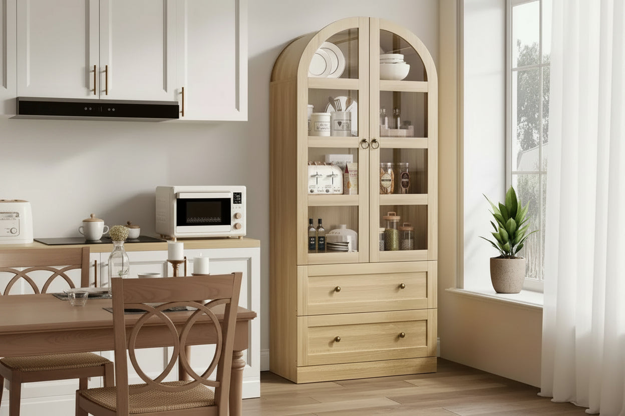 Dispensa Moderna da Fattoria Alta 72 Pollici con Ante e Cassetti ad Arco, Grande Mobile Contenitore in Legno con Ripiani Spessorati, Ideale per la Cucina